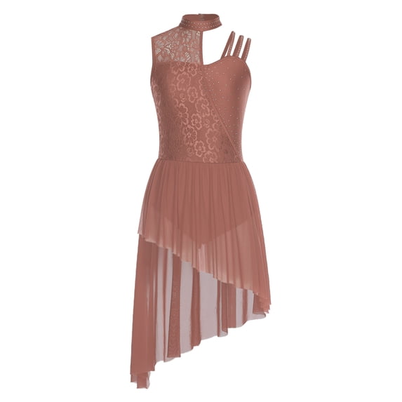 SiiRoh Women's Lyrical Dance Dress Sleeveless Asymmetrical Flowy Tulle Skirt Leotard Dancing Party Dusty Pink M