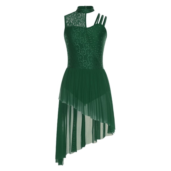 SiiRoh Women's Lyrical Dance Dress Sleeveless Asymmetrical Flowy Tulle Skirt Leotard Dancing Party Green XL