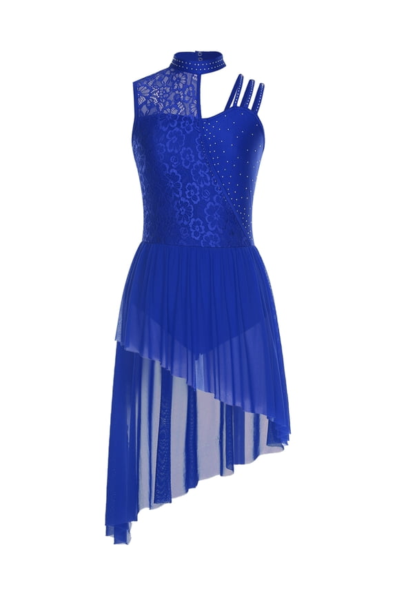 Women's Lyrical Dance Dress Sleeveless Asymmetrical Flowy Tulle Skirt Leotard Dancing Party Royal Blue S