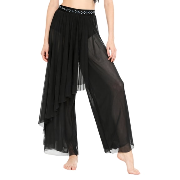 SiiRoh Women's Mesh Lyrical Dance Pants Flowy Wide Leg Trousers Modern Contemporary Dancewear Black S