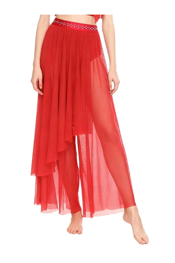 Women's Mesh Lyrical Dance Pants Flowy Wide Leg Trousers Modern Contemporary Dancewear Red XXL