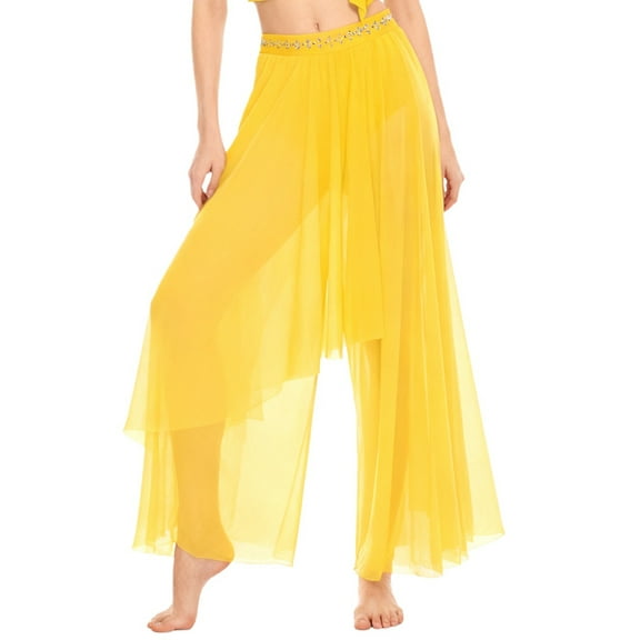 SiiRoh Women's Mesh Lyrical Dance Pants Flowy Wide Leg Trousers Modern Contemporary Dancewear Yellow S