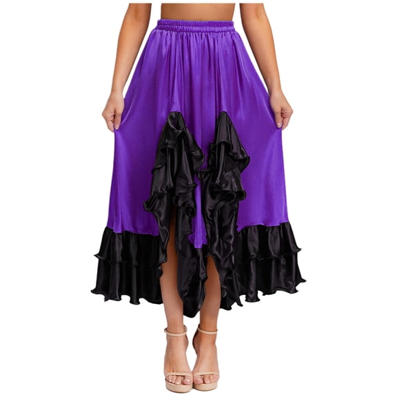SiiRoh Women's Mexican Flamenco Dance Skirt Elastic Waistband Ruffled Trim Swing Skirt for Performance Purple S
