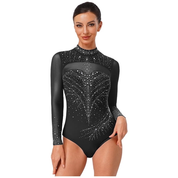 SiiRoh Women's Mock Neck Long Sleeve Gymnastics Leotard Shiny Skating Jumpsuit Ballet Dancewear Black S