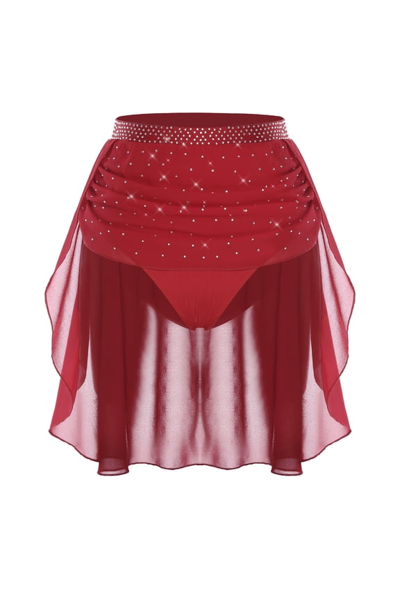 Women's Rhinestone Lyrical Ballet Dance Skirts Chiffon Hem Built-in Briefs Contemporary Dancewear Burgundy S