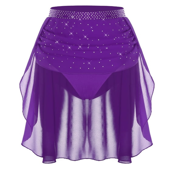 SiiRoh Women's Rhinestone Lyrical Ballet Dance Skirts Chiffon Hem Built-in Briefs Contemporary Dancewear Purple S