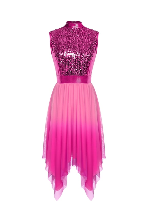 Women's Sequined Liturgical Worship Praise Dance Dresses Gradient Mesh Irregular Church Worship Tunic Hot Pink S