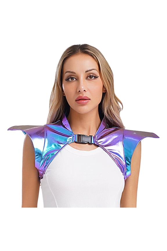 Women's Shiny Gothic Shoulder Armor Shrug Crop Top Holographic Bolero Jackets Blue XXL