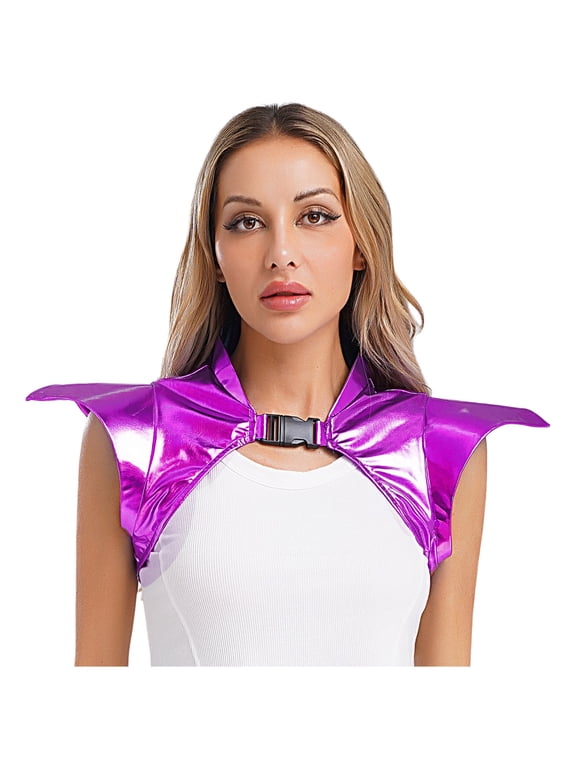 Women's Shiny Gothic Shoulder Armor Shrug Crop Top Holographic Bolero Jackets Purple S