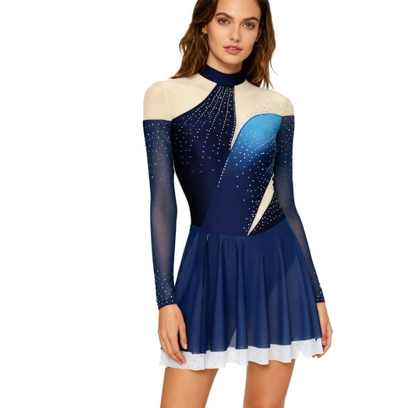 SiiRoh Women's Sparkly Rhinestone Figure Skating Dress Long Sleeve Keyhole Back Lyrical Dance Dress Navy Blue L