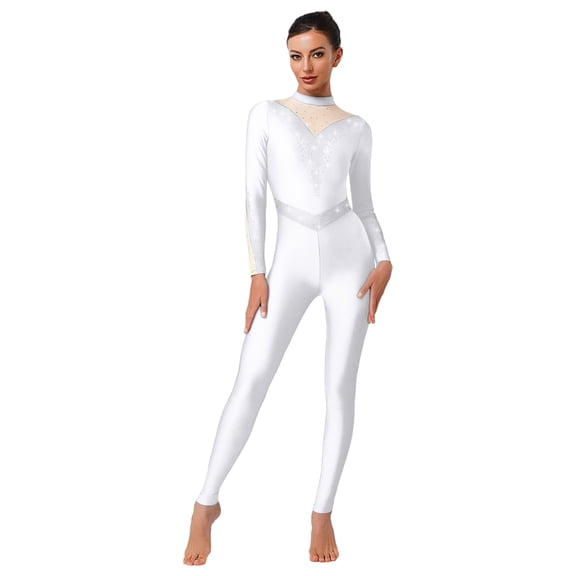 SiiRoh Women's Sparkly Rhinestone Gymnastics Leotards Long Sleeve Ballet Leotard Figure Skating Dancewear White M