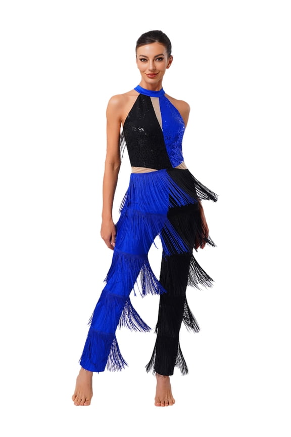 Womens 1970s Sparkly Disco Dance Jumpsuit Sequin Tassel Fringe Long Pant Romper Fancy Clubwear Royal Blue M