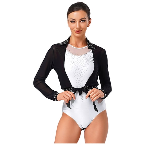 SiiRoh Womens Ballet Leotards 2Pcs Sleeveless Bodysuit and Long Sleeve Open Front Cardigan Ballerina Outfit White M