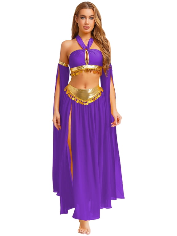 Womens Belly Dance Set Shiny Sequins Crop Top with Flowy Skirt and Split Sleeves for Dance Competitions Purple S