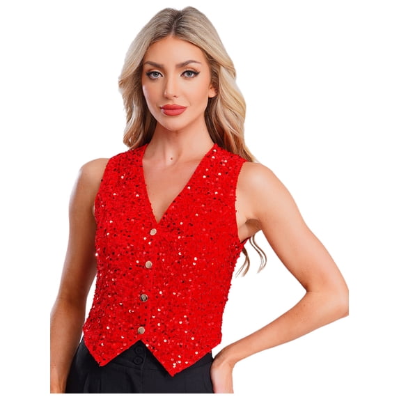 SiiRoh Womens Glitter Sequins Waistcoat Sleeveless Blazer Jacket Vest Top V Neck Tuxedo Clubwear Red L