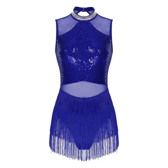 SiiRoh Womens Glittery Sequins Tassel Dance Dress for Latin Jazz Leotard Lyrical Dancewear Royal Blue S
