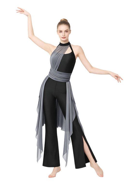 Womens Lyrical Tango Ballroom Dance Flowy Jumpsuit Ruched Mesh Halter Backless Split-leg Wide Leg Rompers Flared Bottoms Pants Black S