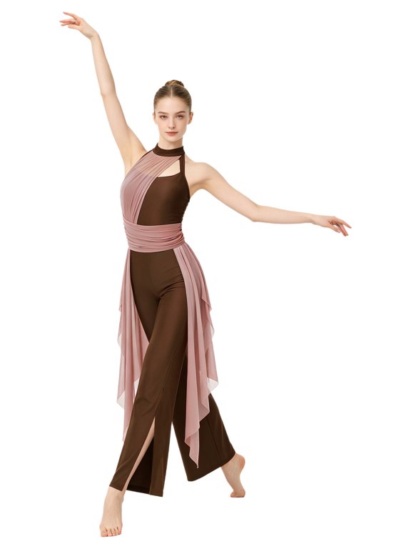 Womens Lyrical Tango Ballroom Dance Flowy Jumpsuit Ruched Mesh Halter Backless Split-leg Wide Leg Rompers Flared Bottoms Pants Brown S