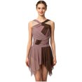 thumbnail image 1 of SiiRoh Womens Rhinestone Lyrical Dance Dress Color Block Mesh Ruched Twisted Knot Irregular Hem Sleeveless Leotard Dress Brown L, 1 of 7