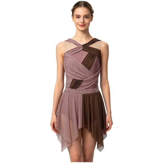 SiiRoh Womens Rhinestone Lyrical Dance Dress Color Block Mesh Ruched Twisted Knot Irregular Hem Sleeveless Leotard Dress Brown L