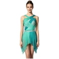 thumbnail image 1 of SiiRoh Womens Rhinestone Lyrical Dance Dress Color Block Mesh Ruched Twisted Knot Irregular Hem Sleeveless Leotard Dress Green XL, 1 of 7