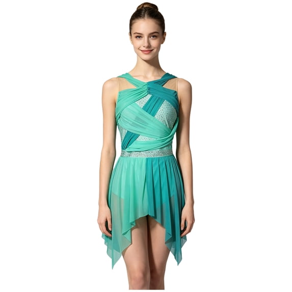SiiRoh Womens Rhinestone Lyrical Dance Dress Color Block Mesh Ruched Twisted Knot Irregular Hem Sleeveless Leotard Dress Green XL