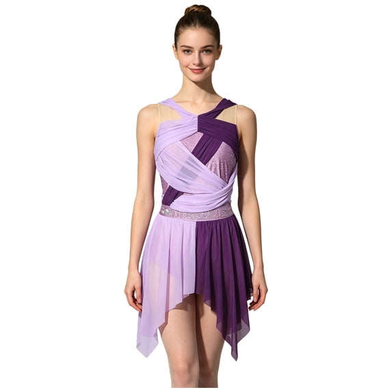 SiiRoh Womens Rhinestone Lyrical Dance Dress Color Block Mesh Ruched Twisted Knot Irregular Hem Sleeveless Leotard Dress Purple S