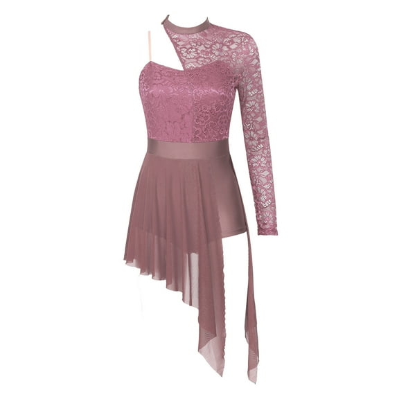 SiiRoh Womens Single Long Sleeve Lace Patchwork Lyrical Dance Dress Ballroom Modern Dancing Clothes Dusty Pink L