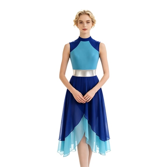 SiiRoh Womens Sleeveless Ballet Dancewear Ballroom Dance Leotard Dress Mock Neck Liturgical Praise Worship Dress Tunic Prom Dresses Blue XL