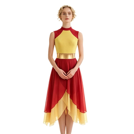 SiiRoh Womens Sleeveless Ballet Dancewear Ballroom Dance Leotard Dress Mock Neck Liturgical Praise Worship Dress Tunic Prom Dresses Red&Yellow L