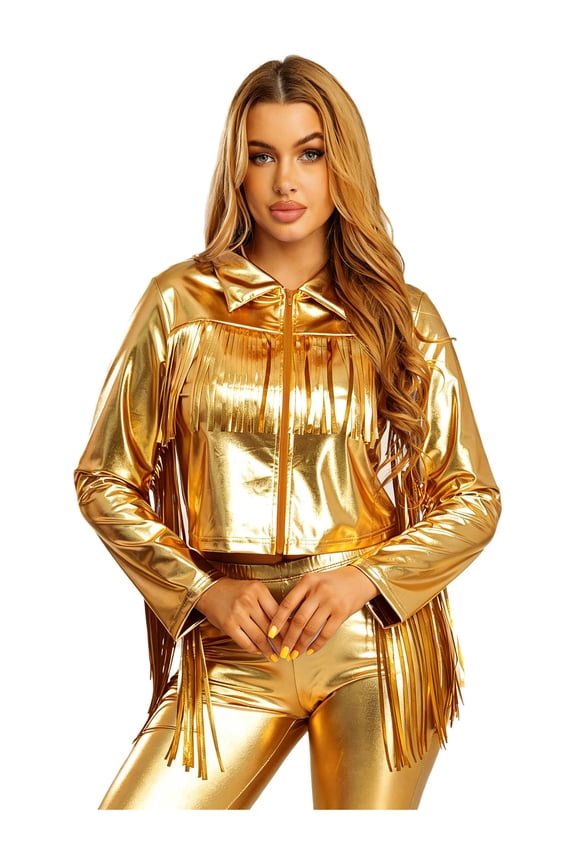 Womens Tassels Hip Hop Jazz Dance Performance Metallic Glossy Tops Turn-Down Long Sleeve Zipper Fringe Shiny Jacket Gold S