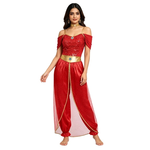 SiiRoh Womens Womens Belly Dance Sequin Off Shoulder Romper Suit Gems Sequin Rompers Outfits Red M