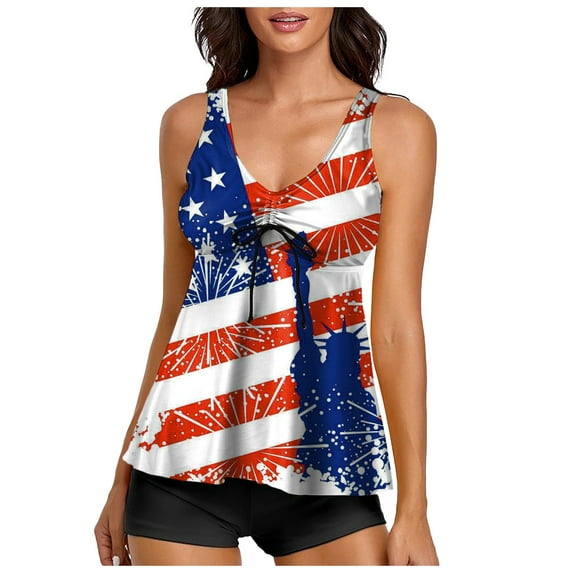 Siilsaa 4Th July Independence Day American Flag Print Plus Size Crisscross Back Swimskirt Two Piece Swim Bathing Suit Light Blue,XXL