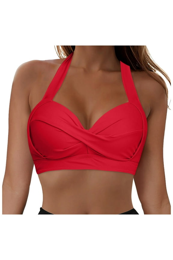 Swim Tops Bikini Tops for Women Large Bust Push Up 2024 Full Coverage Bras V Neck Swim Top Tie Knot Backless Bathing Suit Tops Red,2XL