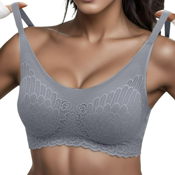 Siilsaa Bras for Women No Underwire Women's Push Up Bra Padded Plunge Add Cups Underwire Sexy Lace Lift Up Bra Grey,M