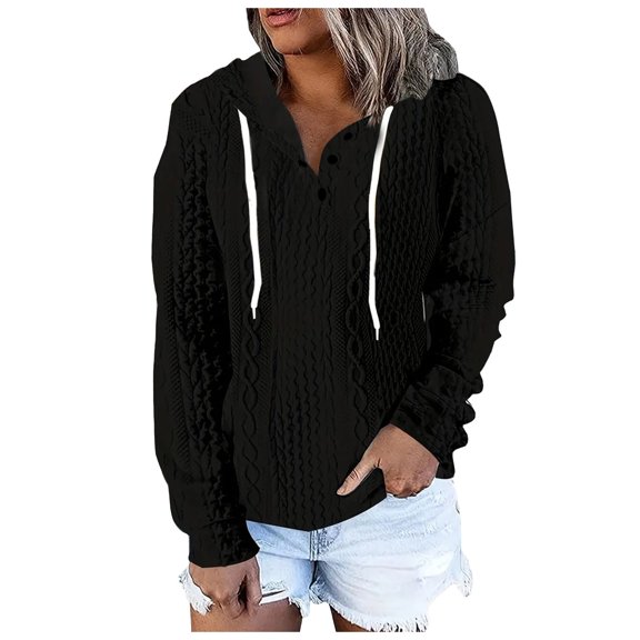 Siilsaa Cable Knit Hoodie Sweaters Loose Fit Buttons Plain Pullover Hooded Sweatshirts Plus Size Tops Black,2XL