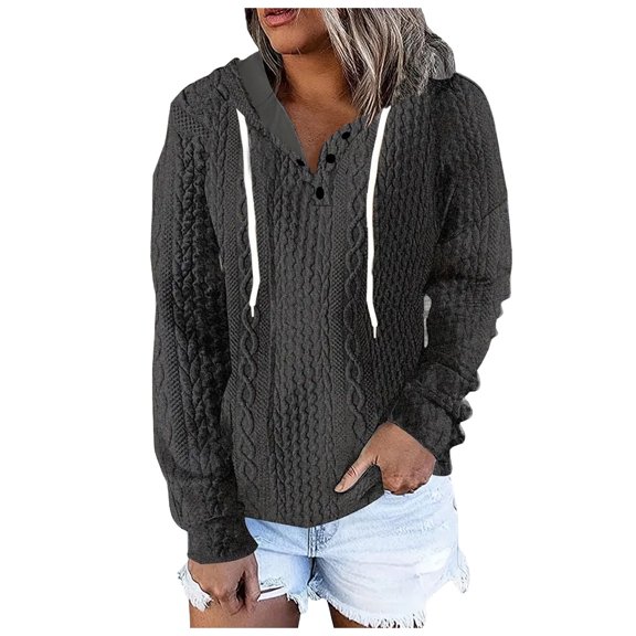 Siilsaa Cable Knit Hoodie Sweaters Loose Fit Buttons Plain Pullover Hooded Sweatshirts Plus Size Tops Grey,XL