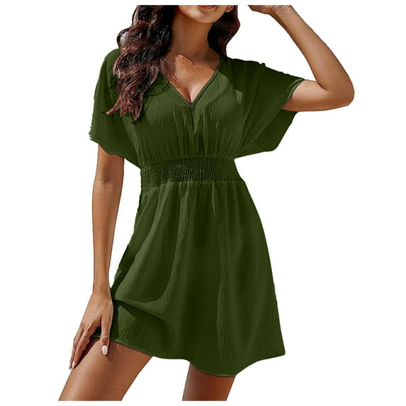Siilsaa Casual Dress Womens 2024 Summer Short Dress Short Sleeve Ruffle Cute Casual Beach Party Dresses AG,2XL