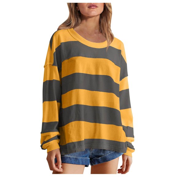 Siilsaa Color Blocked Sweatshirts for Women Oversized Loose Fit Y58k Drop Shoulder Pullover Casual Striped Long Sleeve Shirts Tops Yellow,2XL