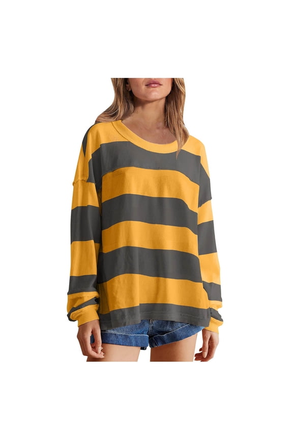 Color Blocked Sweatshirts for Women Oversized Loose Fit Y58k Drop Shoulder Pullover Casual Striped Long Sleeve Shirts Tops Yellow,2XL