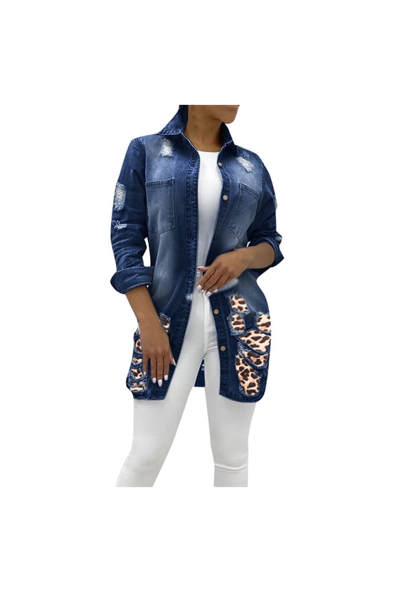 Denim Jacket for Women Long Sleeve Classic Trucker Jeans Jackets Coat Outwear with Pocket Dark Blue,S