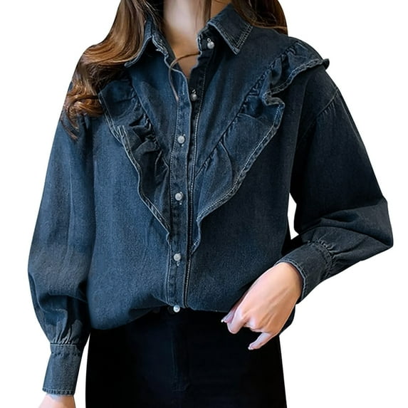 Siilsaa Denim Jacket for Women Womens Long Sleeve Plaid Shirts Flannel Lapel Button Down Shacket Jacket Coats Dark Blue,M