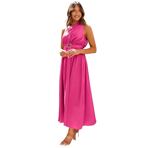 Siilsaa Dresses Formal Women Formal Satin Spaghetti Strap Cowl Neck Bodycon Slit Prom Cocktail Maxi Dress Evening Party Hot Pink,M
