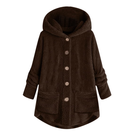 Siilsaa Fleece Jacket Women Long Sleeve Sherpa Hooded Coats Winter Fall Warm Fuzzy Jackets Plus Size Button Plush Outerwear Coffee,4XL