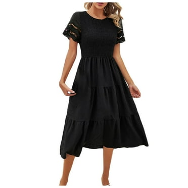 Siilsaa Flowy Dress Womens 2024 Summer Drawstring Ruffle Short Sleeve Mini Dress Sundress Black,XL