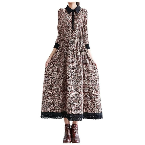 Siilsaa Flowy Dresses for Women Women's Long Sleeve Floral Print Retro Tassel Midi Dresses Coffee,2XL