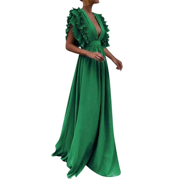 Siilsaa Formal Dresses for Women Evening Party Women's Deep V-Neck Applique Ruffle Sleeves Side Slit Pleated Long Formal Dresses Green,XL