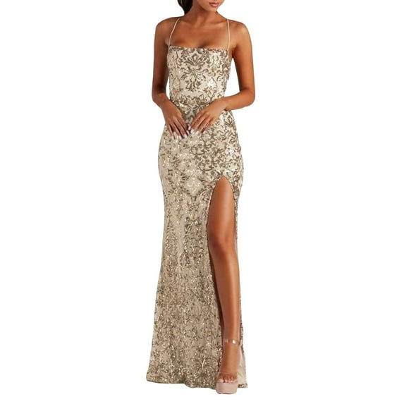 Siilsaa Formal Dresses for Women Women's Sexy One Shoulder Satin High Split Wedding Party Maxi Dress Gold,L