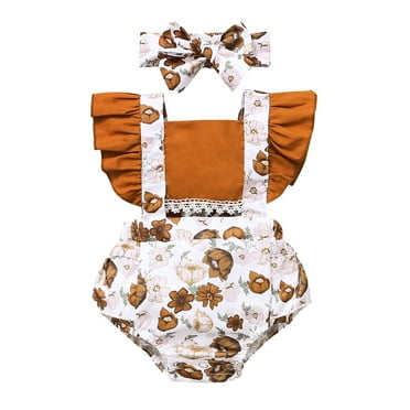 Siilsaa Girls Bodysuit Girls Short Sleeve Floral Printed Romper Bodysuits Brown,70
