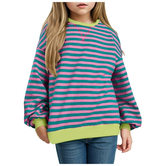 Siilsaa Girls Cotton Long Sleeve Sweathirts Striped Color Block Tops Light Green,100